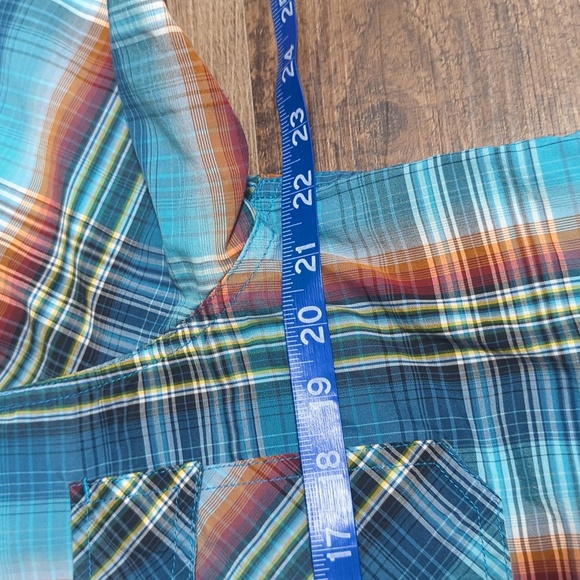 Prana Short Sleeve Button Down Western Style Plaid Size Large in Blue/Brown - Picture 5 of 7
